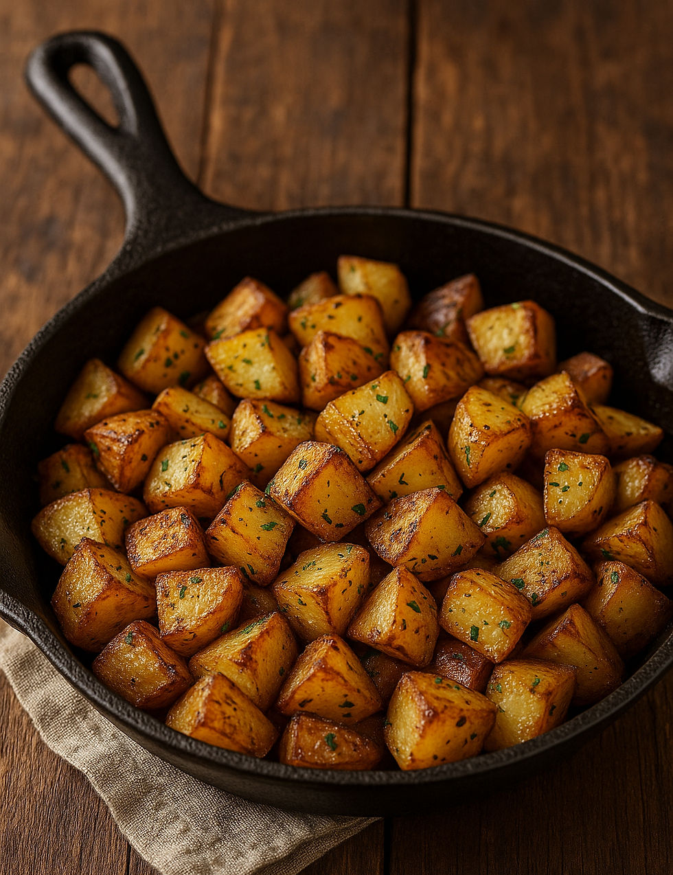 Crispy golden potatoes in a black skillet on a wooden table. Garnished with herbs, creating a rustic and savory appearance.