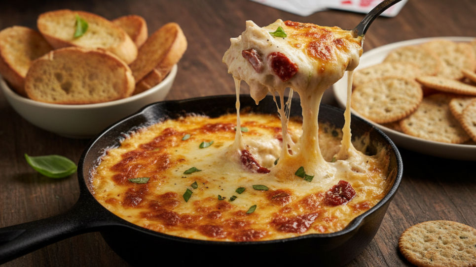 Bubbly cheese dip with pepperoni is pulled from a cast-iron skillet. Toasted bread and crackers surround the dish on a wooden table.