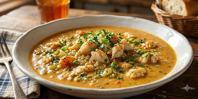 Creamy Cajun crab bisque topped with lump crab meat and herbs, served in a shallow bowl with rich golden-orange broth.