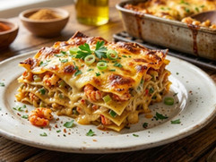 Slice of Cajun crawfish lasagna with layers of pasta, creamy cheese sauce, crawfish, and melted golden cheese on a white dinner plate.