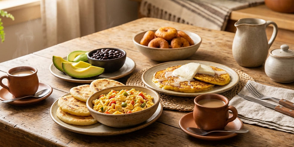 A rustic table with breakfast spread: arepas, scrambled eggs, avocado, black beans, cheese on cornbread, donuts, and steaming coffee. Cozy morning.