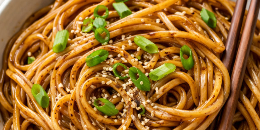 Close-up of soy sauce noodles topped with sesame seeds and green onions. Brown chopsticks rest on the side, creating an appetizing look.