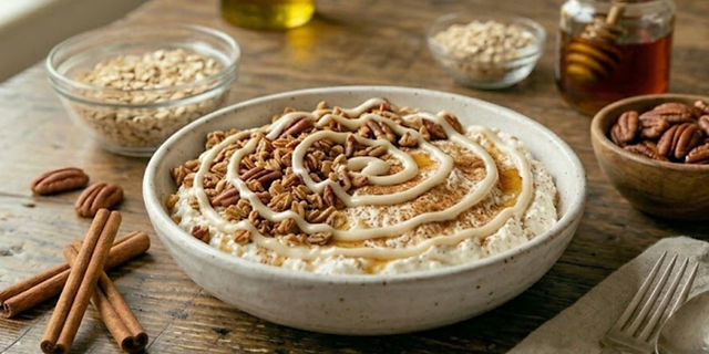 Creamy Cinnamon Roll Cottage Cheese Bowl topped with cinnamon swirls, chopped pecans, and a drizzle of cream cheese glaze in a rustic ceramic bowl.
