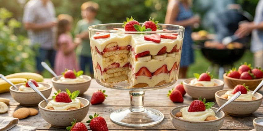Strawberry banana pudding in a glass bowl on a picnic table, surrounded by dessert cups and berries, with blurred people outdoors.