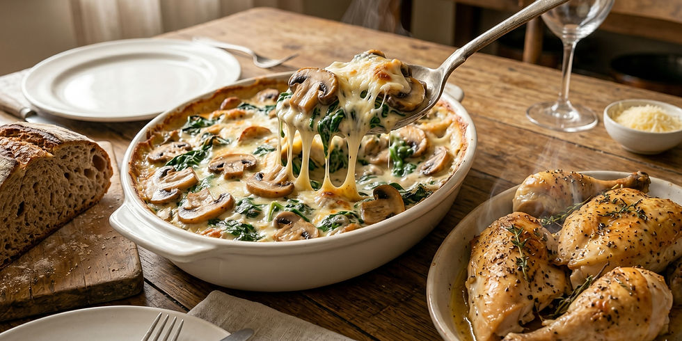 Creamy mushroom and spinach bake with mozzarella pull, roasted chicken, and rustic bread on a wooden table, creating a cozy dining scene.
