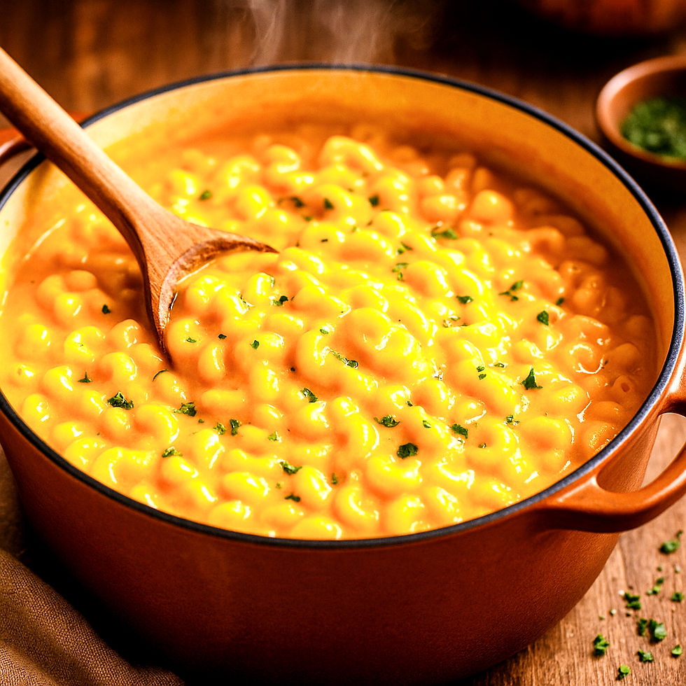 Creamy mac and cheese in an orange pot with a wooden spoon, garnished with parsley. Steam rises, creating a warm, comforting vibe.