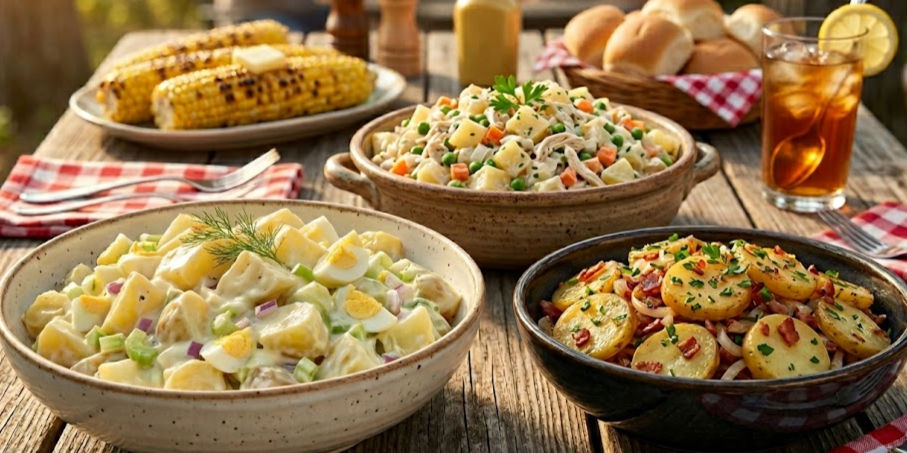 Assorted potato salads and grilled corn on a rustic wooden table. Iced tea and rolls in the background, creating a cozy picnic setting.