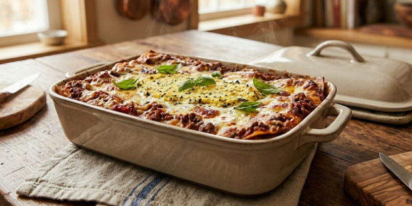 Steaming lasagna with basil leaves in a beige dish on a wooden table. Bright kitchen setting, sunlight through windows, cozy mood.