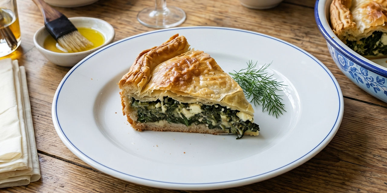 Slice of Mediterranean spinach and feta pie with a golden flaky crust served on a white plate.