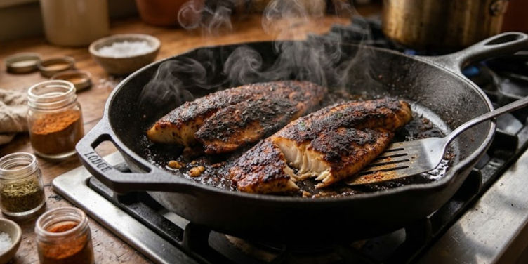 Two blackened fish fillets sizzling in a cast iron skillet on a stove. Steam rises, with jars of spices nearby on a wooden countertop.