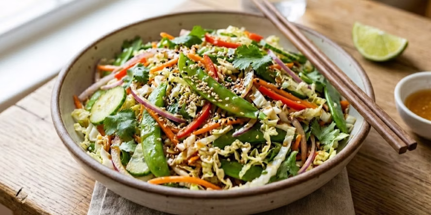 Sesame snap pea salad with crisp snap peas, colorful vegetables, and sesame dressing