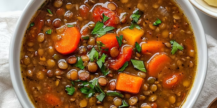 Close-up of a bowl of lentil soup with carrots and parsley garnish. Earthy tones dominate, creating a warm and hearty appearance.