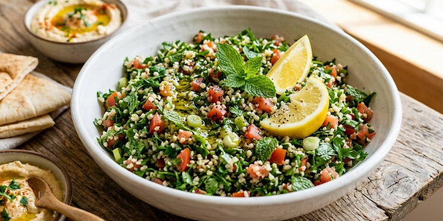 Fresh tabbouleh salad made with parsley, tomatoes, bulgur, lemon, and herbs served in a rustic bowl.
