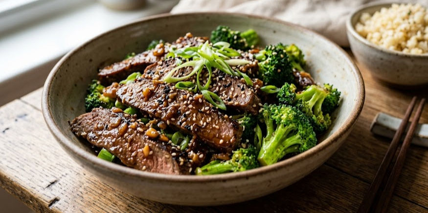 Beef and broccoli bowl topped with sesame seeds and scallions, served with rice on a rustic wooden table, warm and appetizing