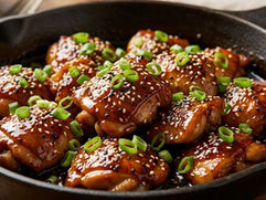 Honey garlic chicken coated in a glossy sweet-savory sauce and garnished with sesame seeds and green onions