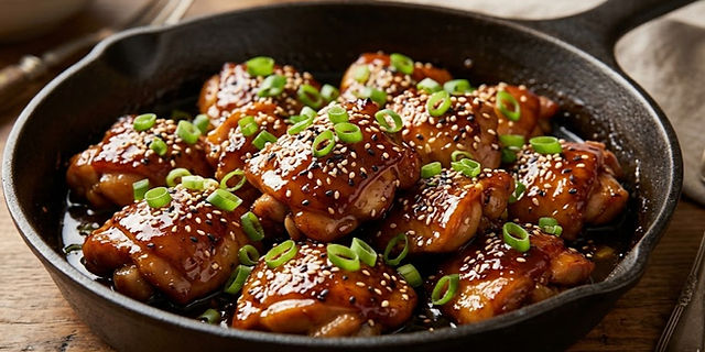 Honey garlic chicken coated in a glossy sweet-savory sauce and garnished with sesame seeds and green onions