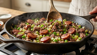 Ground beef, sliced smoked sausage, onions, celery, and green bell peppers cooking together in a cast-iron skillet with Cajun seasonings.