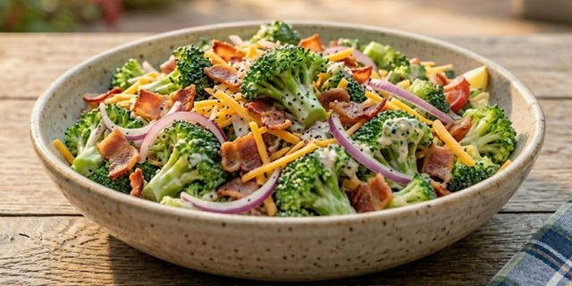 Broccoli bacon salad with crisp broccoli, cheddar cheese, red onion, and creamy dressing