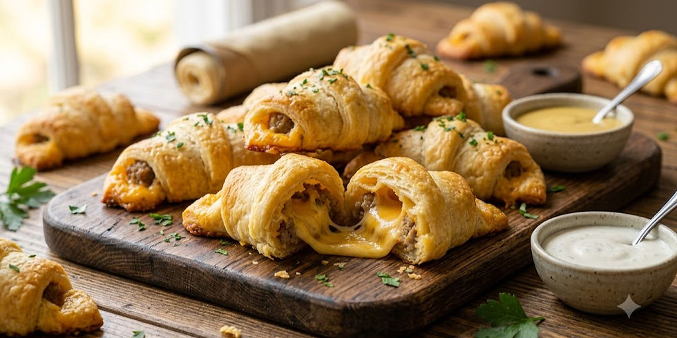 Cheesy crescent roll bites on a wooden board with dipping sauces, garnished with herbs, in a warm rustic kitchen setting.