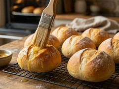 Freshly baked Venezuelan Pan Francés rolls brushed with melted butter while cooling on a wire rack, showcasing their soft golden crust and bakery-style texture.