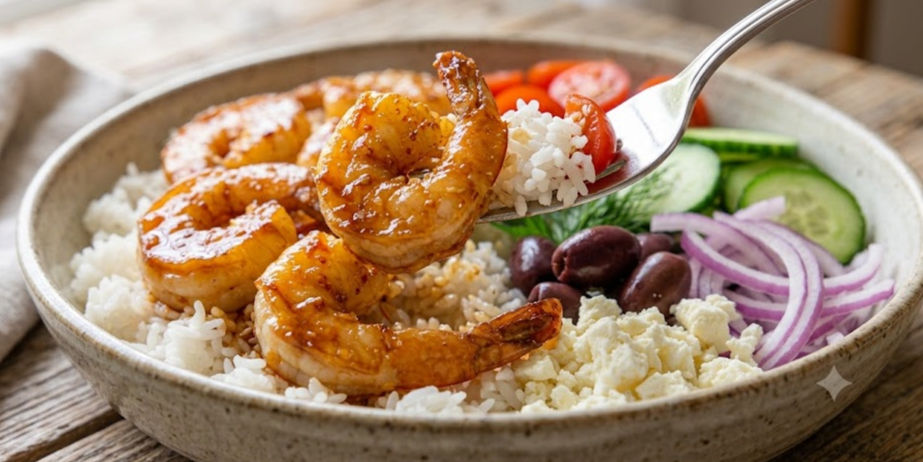 Hot Honey Shrimp Bowl with cucumbers, tomatoes, olives, red onion, and feta on a rustic plate; a spoon lifts a bite.