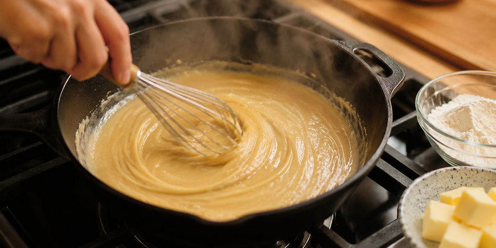 Blonde roux being whisked in a cast-iron skillet on a stovetop, with bowls of flour and butter nearby as steam rises from the smooth, golden mixture.