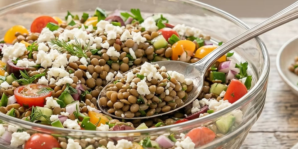 Mediterranean lentil salad with tender lentils, diced vegetables, fresh herbs, and lemon dressing served in a rustic bowl.