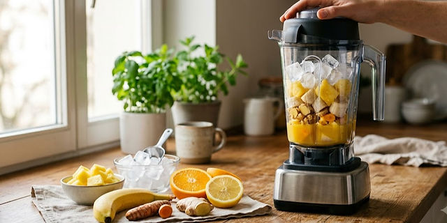 Hand adding ingredients to a blender filled with pineapple, banana, turmeric, ginger, citrus, chia seeds, and ice while preparing an anti-inflammatory smoothie in a bright kitchen.