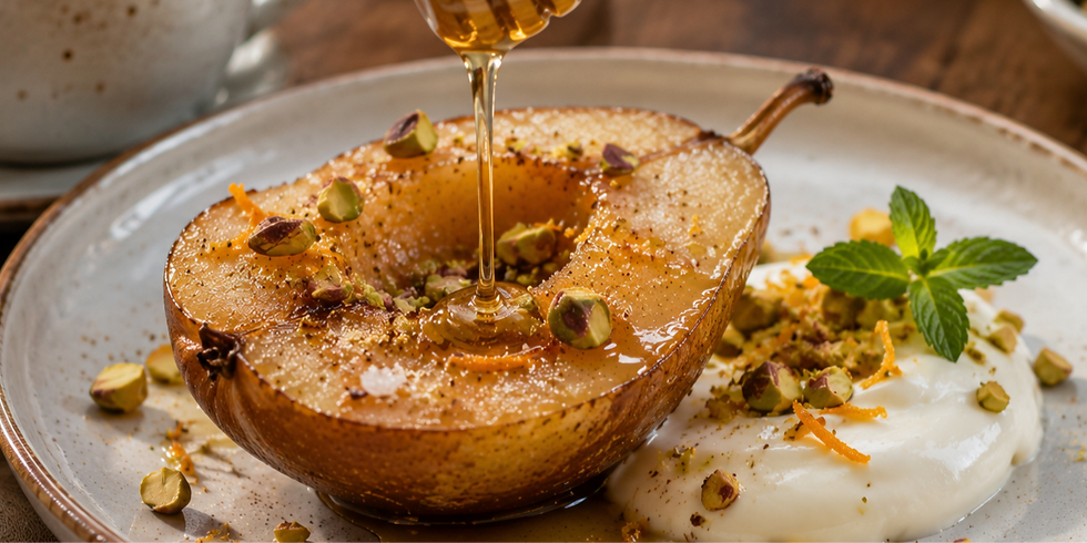 Roasted pear drizzled with honey, topped with pistachios, on a plate with yogurt and mint. Warm, inviting setting.