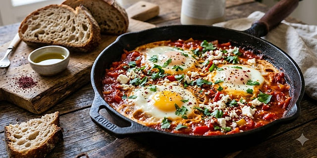 Alt text: Shakshuka with eggs poached in a rich tomato and bell pepper sauce, topped with fresh herbs and feta cheese in a cast-iron skillet.