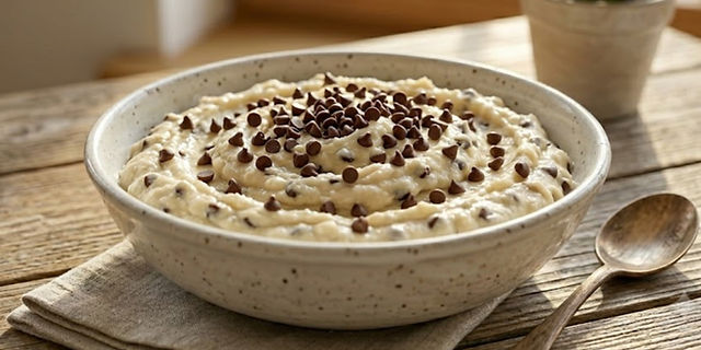 Thick Cottage Cheese Cookie Dough served in a rustic bowl and topped with mini chocolate chips for a high-protein dessert.