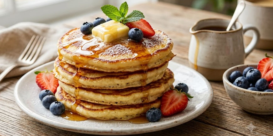 Stack of cottage cheese pancakes with butter, syrup, strawberries and blueberries on a plate beside a cream pitcher on a rustic table.