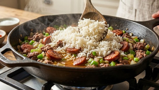 Cooked white rice being added to a cast-iron skillet filled with browned ground beef, smoked sausage, sautéed vegetables, and Cajun seasonings before being stirred together.