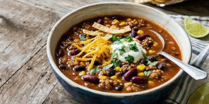 Bowl of chili topped with cheese, sour cream, and cilantro on rustic wood table. Spoon inside, lime slices nearby. Cozy and inviting.