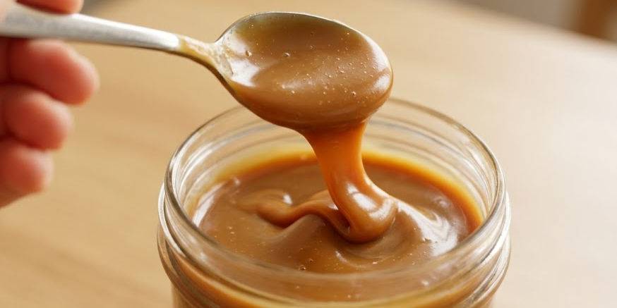 Spoon lifting thick dulce de leche from a glass jar on a wooden table, warm golden-brown close-up with a smooth, glossy texture