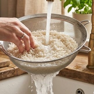 Hands rinsing long-grain white rice in a fine mesh strainer under running water to remove excess starch.