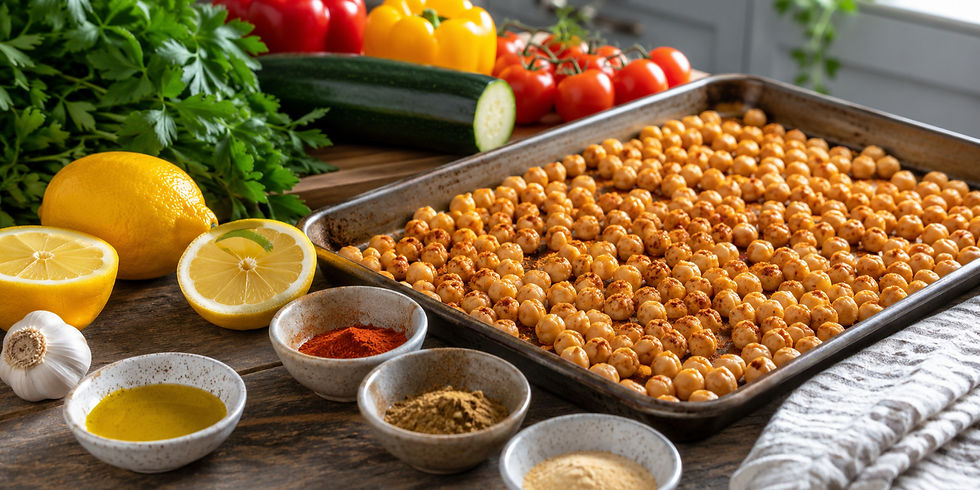 Tray of roasted chickpeas with spices on a rustic kitchen table, surrounded by lemons, garlic, herbs, zucchini, and tomatoes