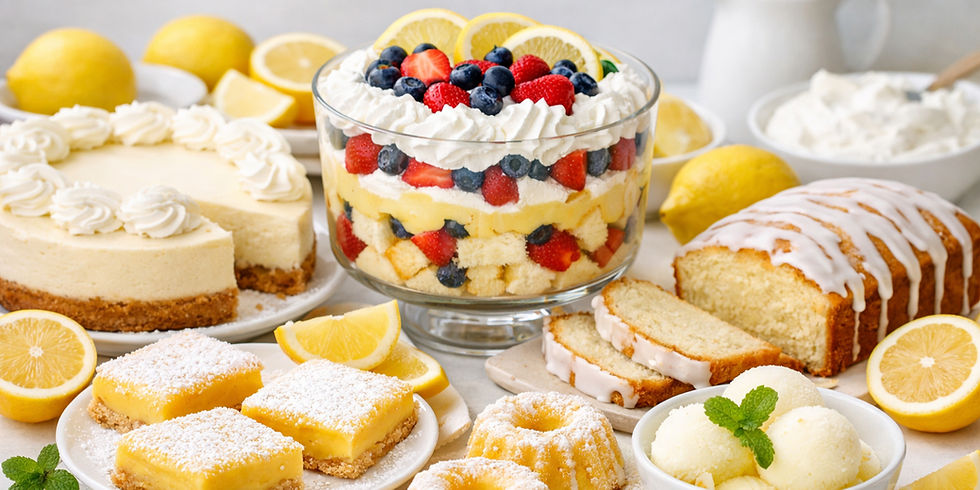 Assorted lemon desserts on a table: cheesecake, trifle with berries, glazed loaf, lemon bars, ice cream, with fresh lemons in the background.