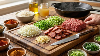 Chopped onion, green bell pepper, celery, garlic, sliced smoked sausage, and ground beef arranged on a wooden cutting board with Cajun seasonings, cooked rice, and olive oil nearby.