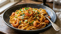 Bowl of creamy Cajun crawfish fettuccine tossed with tender crawfish tails, fettuccine pasta, Cajun cream sauce, fresh parsley, and sliced green onions.