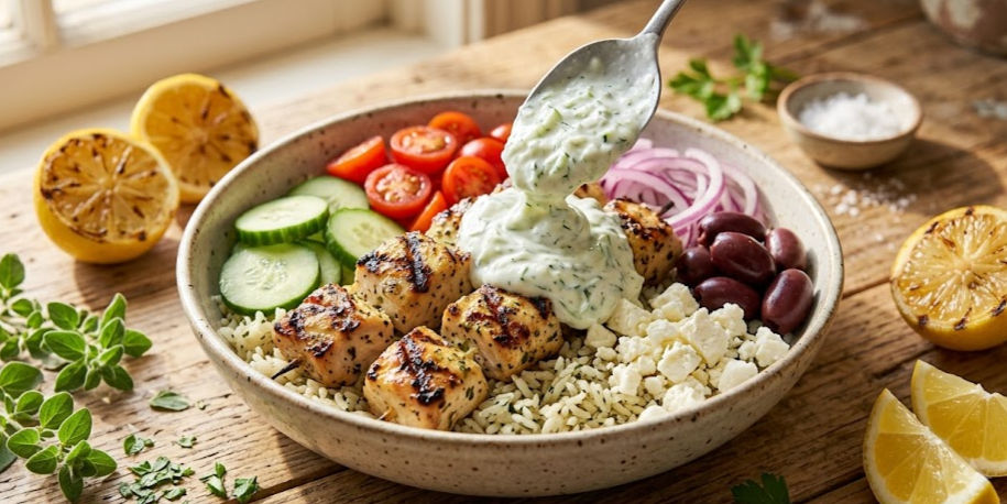 Greek Chicken Souvlaki Bowl with cucumber, tomatoes, red onion, olives, feta and creamy herb dressing on a rustic wooden table