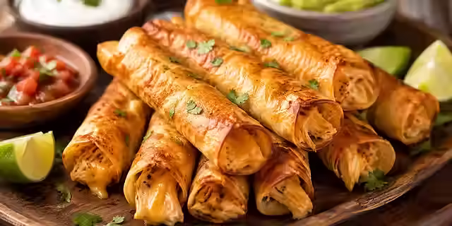 Crispy baked chicken taquitos stacked on a serving platter and garnished with fresh cilantro, served with lime wedges and dipping sauce on a rustic table.