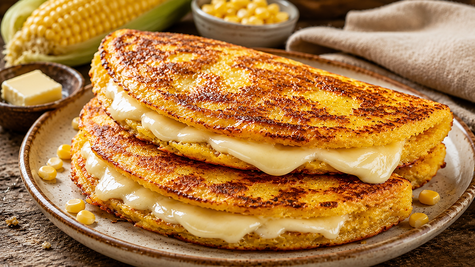 Stack of Cachapas on a plate, with butter and corn kernels in a warm rustic kitchen scene.