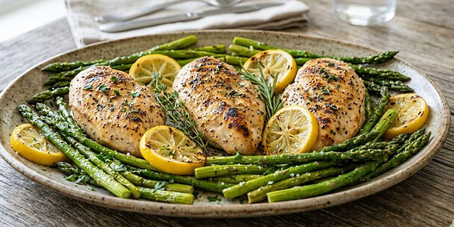 Lemon herb chicken breasts served with roasted asparagus, lemon slices, and fresh herbs