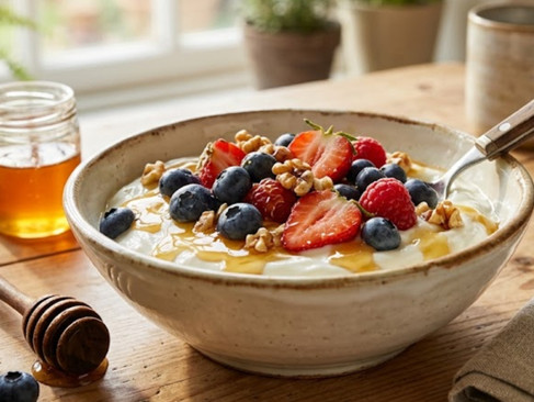 Greek yogurt topped with fresh strawberries, blueberries, raspberries, chopped walnuts, and a drizzle of honey in a rustic bowl on a sunlit wooden table.