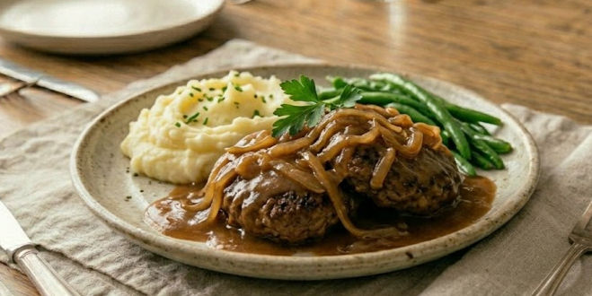 Plate of gravy-covered beef patties with onions, mashed potatoes, and green beans on a rustic table.