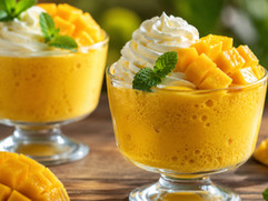 Two elegant glass dessert cups filled with creamy mango mousse and topped with whipped cream, fresh mango pieces, and mint leaves on a rustic table.