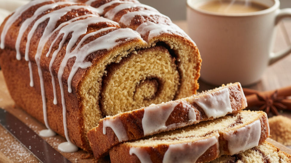 Sliced cinnamon swirl bread with icing on a wooden board, next to a steaming cup of coffee. Warm, inviting kitchen setting.