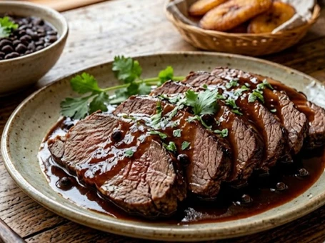 Tender slices of Venezuelan Asado Negro served with a rich dark caramelized beef sauce and fresh parsley garnish.