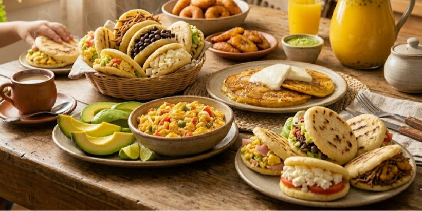 A rustic table with an array of arepas, empanadas, fruit, and drinks. A hand reaches for an arepa, creating a warm, inviting dining scene.